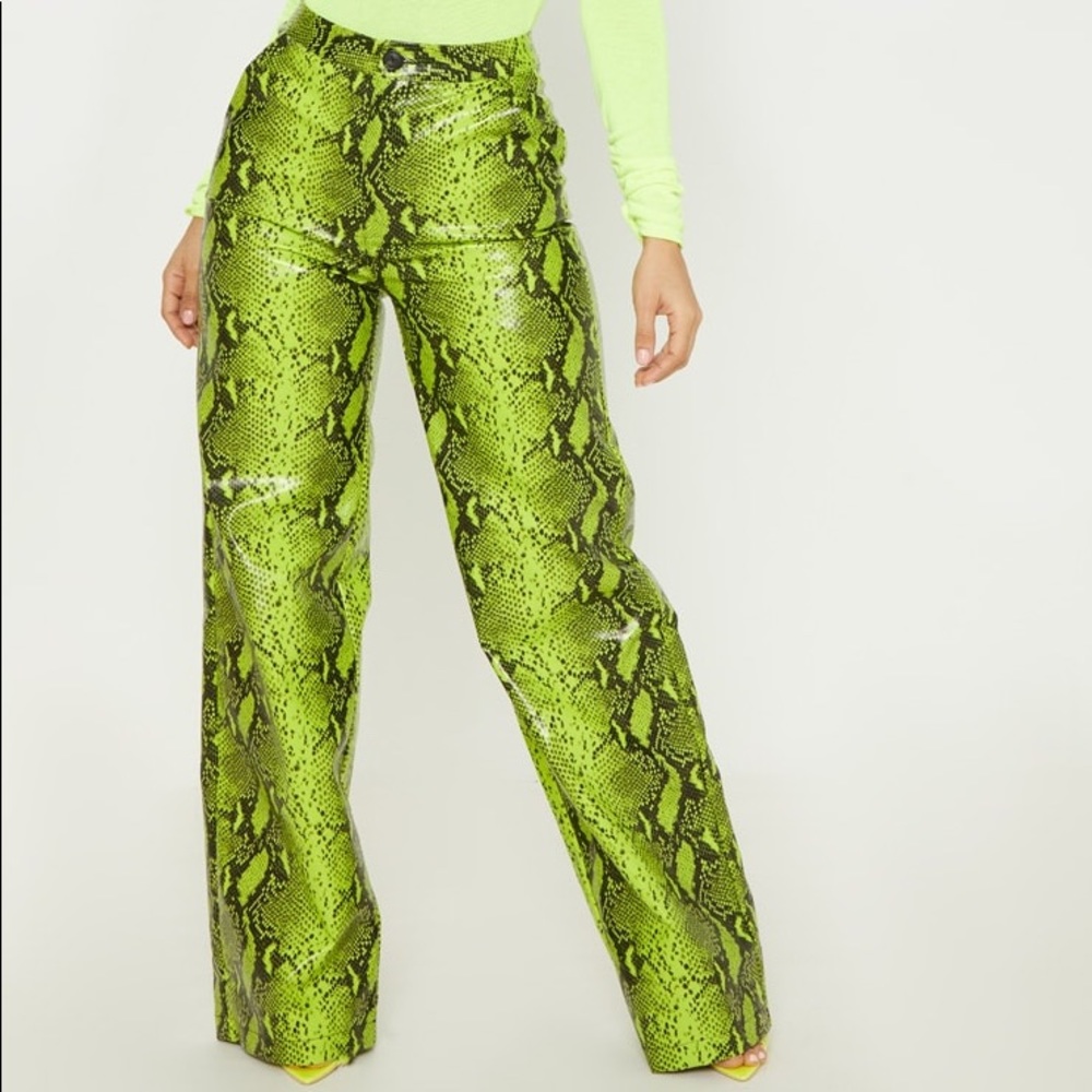 NEW WITH TAGS Neon Green Faux Leather Snake Print Wide Leg Pants